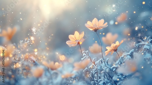 Obraz na płótnie An enchanted snowy meadow filled with glowing flowers and gentle falling snowflakes w salonie