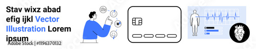 Person interacting with smartphone apps, detailed UI with health stats, human figure, heart icon. Ideal for healthcare, medical tech, app development, data analysis, user interaction health data