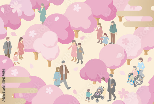 アイソメトリック　人物　家族　子供　ファミリー　キッズ　春　お花見　さくら　桜　イラスト素材
