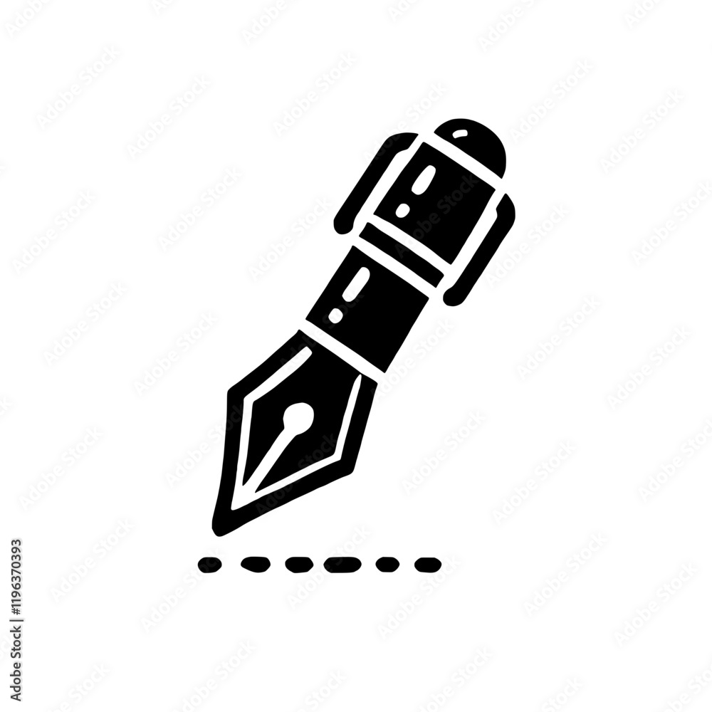 Elegant Pen and Dash: A stylish black and white vector illustration of a pen with a nib writing a dash, representing the creative process, art, writing, and communication. Elegant Pen and Dash: A stylish black and white vector illustration of a pen with a nib writing a dash, representing the creative process, art, writing, and communication.