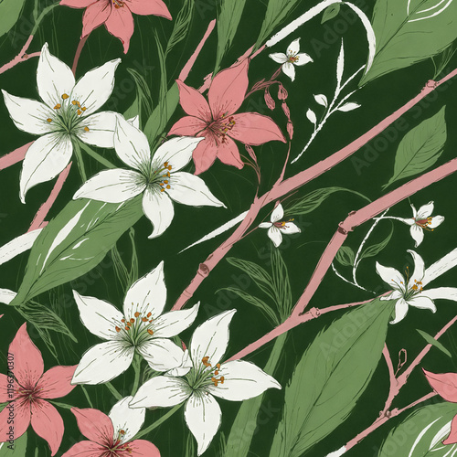 green grass and white flower pattern