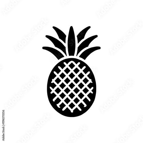 Pineapple Icon: A bold, black silhouette of a pineapple, showcasing its distinctive textured skin and spiky crown.  Perfect for tropical designs, summer themes, and branding projects. 