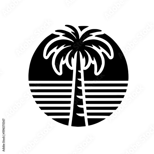 Palm Tree Silhouette: A bold and minimalist illustration of a palm tree silhouette against a sunset sky.  Simple lines and striking black and white design evoking the serenity of a tropical paradise.