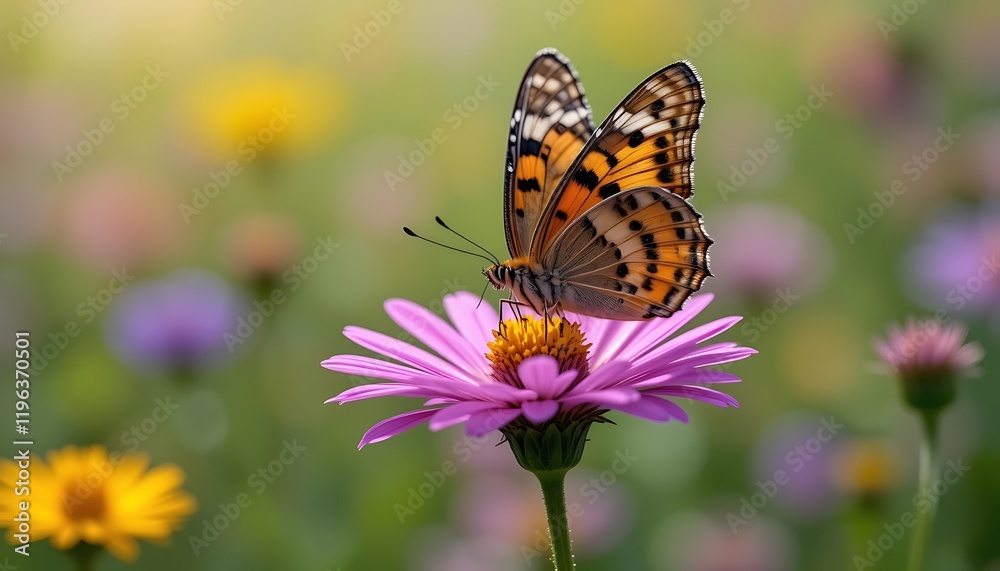 A stunning close-up shot of a beautiful butterfly perched delicately on a vibrant purple flower in a lush meadow of wildflowers, bathed in soft sunlight. A stunning close-up shot of a beautiful butterfly perched delicately on a vibrant purple flower in a lush meadow of wildflowers, bathed in soft sunlight.