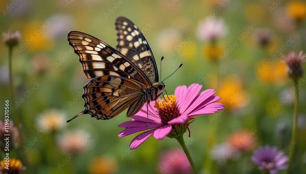 A stunning close-up photograph of a beautiful butterfly delicately perched on a vibrant pink flower in a field of colorful blossoms. A stunning close-up photograph of a beautiful butterfly delicately perched on a vibrant pink flower in a field of colorful blossoms.
