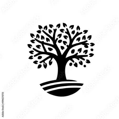 Flourishing Tree of Life: A stylized black and white illustration of a lush tree, symbolizing growth, prosperity, and the interconnectedness of life. The tree is depicted in a circular frame.