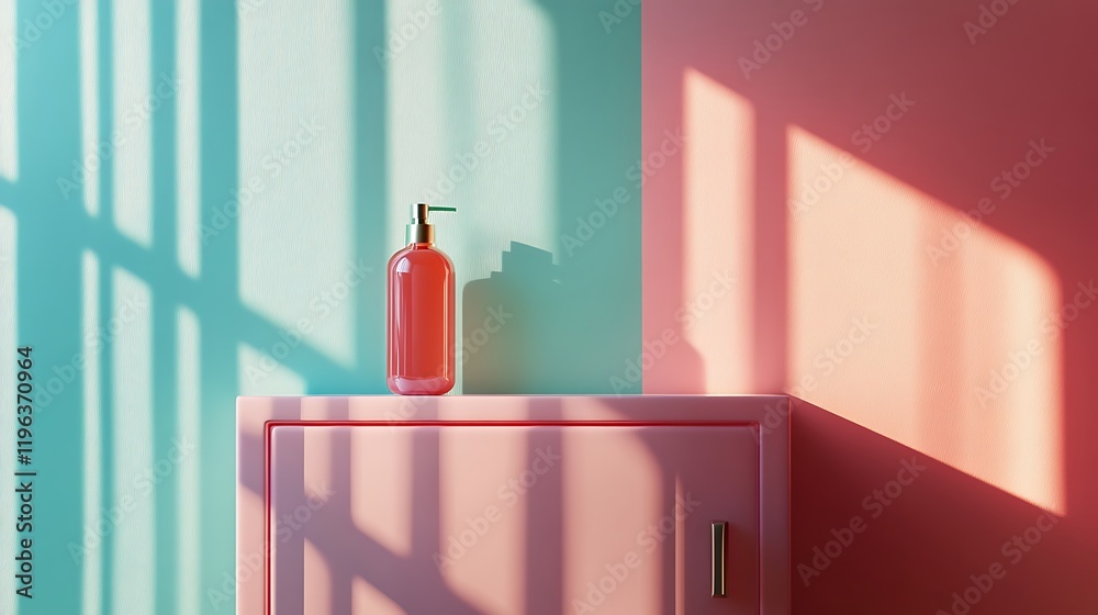 An isolated view of a polished bathroom detergent cabinet and bottle against a vibrant backdrop