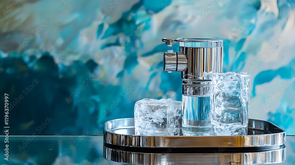 An isolated view of a polished ice pump and tray against a vibrant backdrop