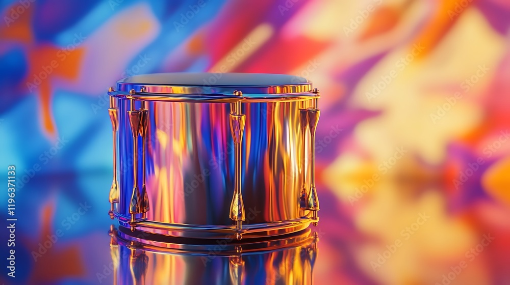 An lonely metallic toy drum with shimmering edges against a vibrant backdrop