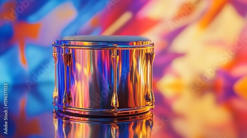 An lonely metallic toy drum with shimmering edges against a vibrant backdrop