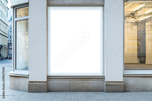 Empty storefront window mockup with white display space for ads or text photo