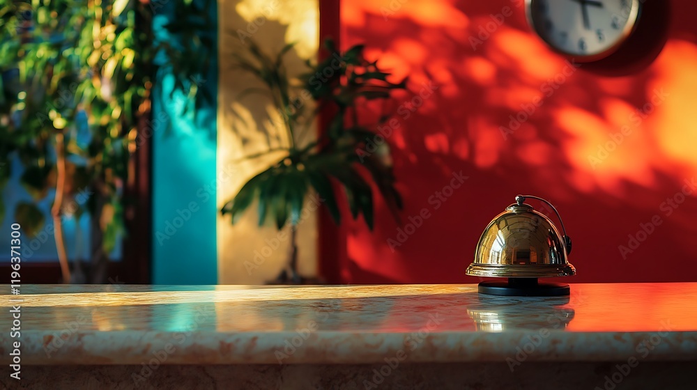 An lonely service bell at a hotel welcome desk against a vibrant backdrop
