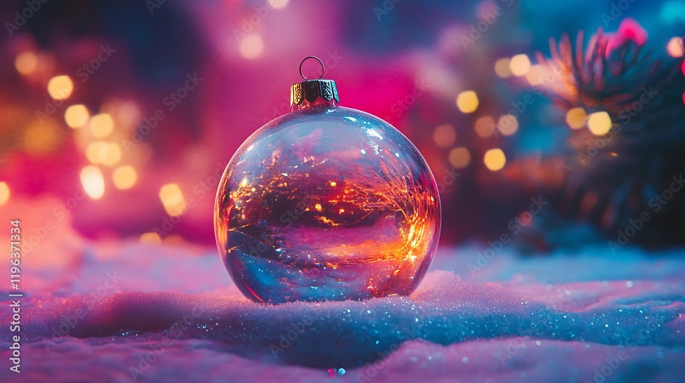 An lonely transparent christmas bauble with luminous snow against a vibrant backdrop