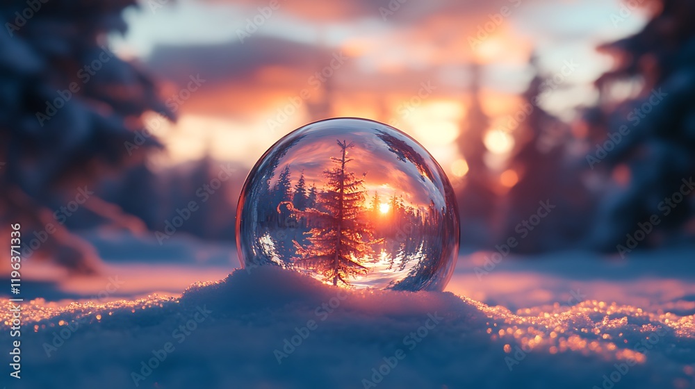 An lonely transparent christmas bauble with luminous snow against a vibrant backdrop