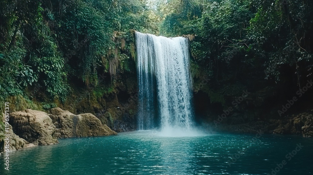Naklejka premium A majestic waterfall cascading into a serene pool, surrounded by lush greenery, capturing the beauty of nature.