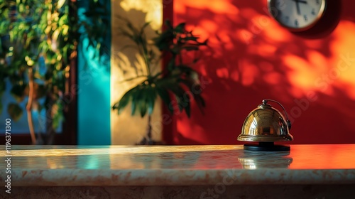 Obraz na płótnie An lonely service bell at a hotel welcome desk against a vibrant backdrop w salonie