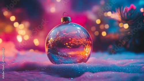 Obraz na płótnie An lonely transparent christmas bauble with luminous snow against a vibrant backdrop w salonie