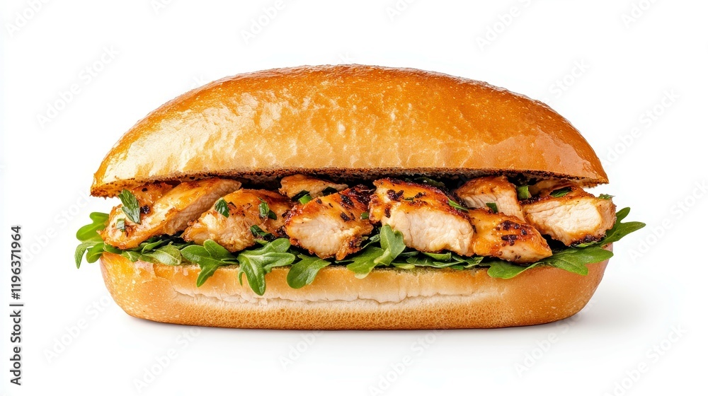 Grilled chicken sandwich with fresh greens on a soft bun against a clean white background