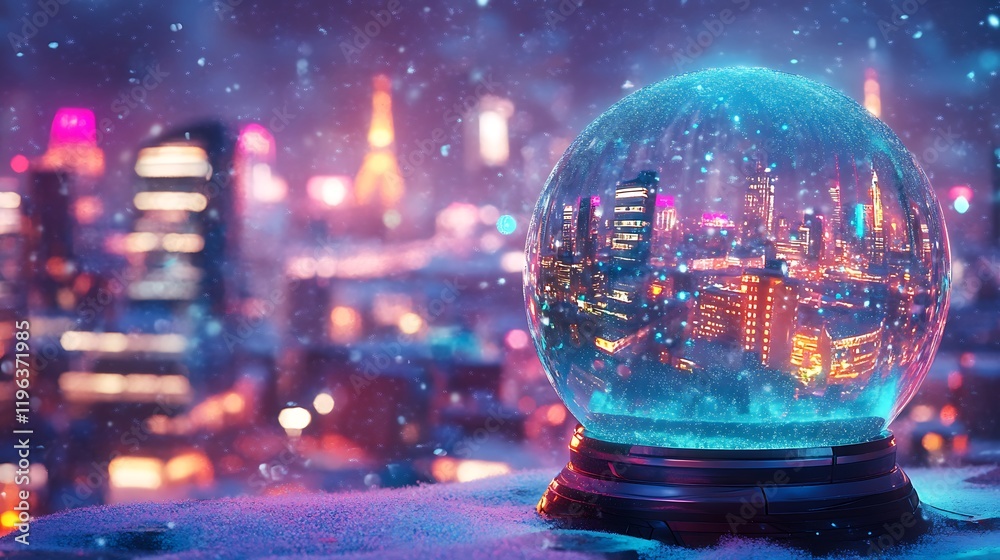 Animated snowfall in a futuristic snow globe set against a vibrant backdrop