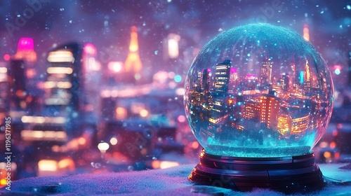 Obraz na płótnie Animated snowfall in a futuristic snow globe set against a vibrant backdrop w salonie