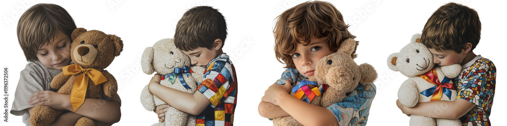 set of A child wearing an autism awareness ribbon shirt hugs a stuffed animal, a child hugging a stuffed animal, awareness ribbon clothing, on a transparent backgrounds