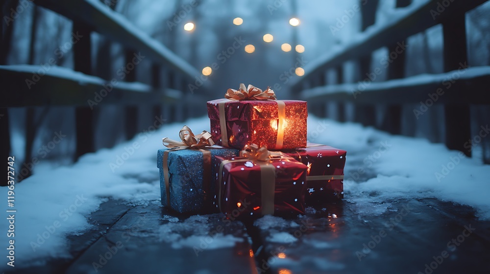 At dawn a pile of wrapped gifts sparkles on an icy wooden bridge