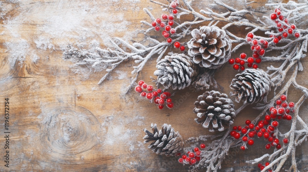 Fototapeta premium Christmas background featuring snowy pinecones and frosted red berries on a wooden table
