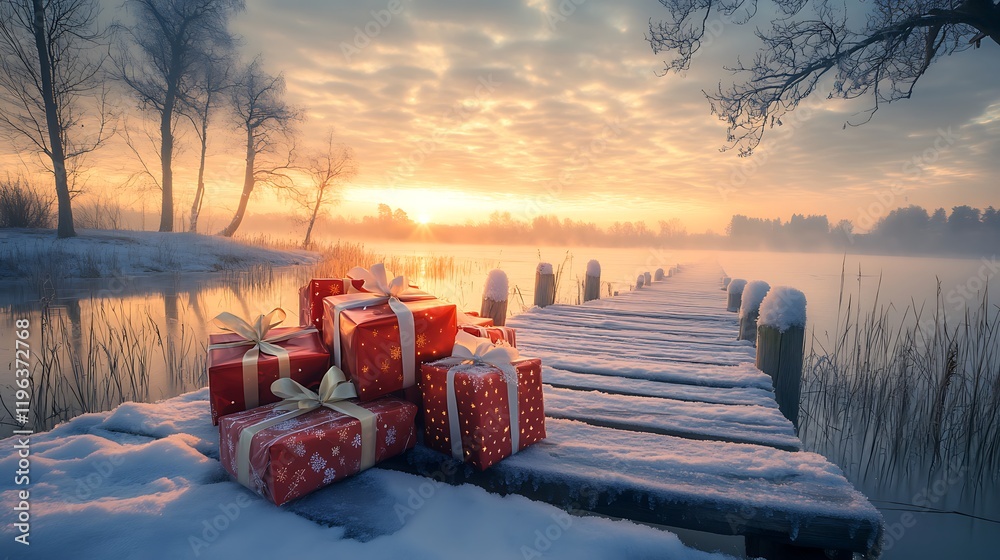 At dawn a pile of wrapped gifts sparkles on an icy wooden bridge