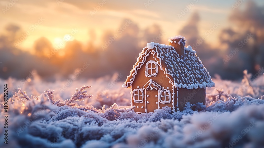 At daybreak a gingerbread house sits on a meadow blanketed in frost