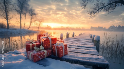 At dawn a pile of wrapped gifts sparkles on an icy wooden bridge