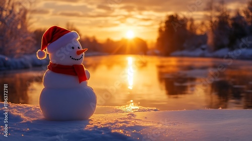 Obraz na płótnie At dawn a snowman with a santa hat stands close to a frozen river w salonie