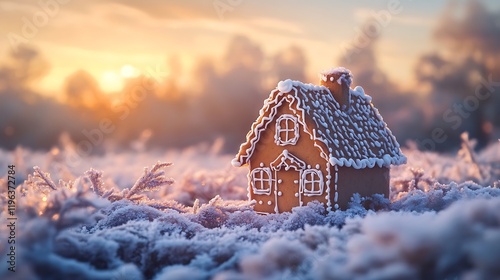 Obraz na płótnie At daybreak a gingerbread house sits on a meadow blanketed in frost w salonie