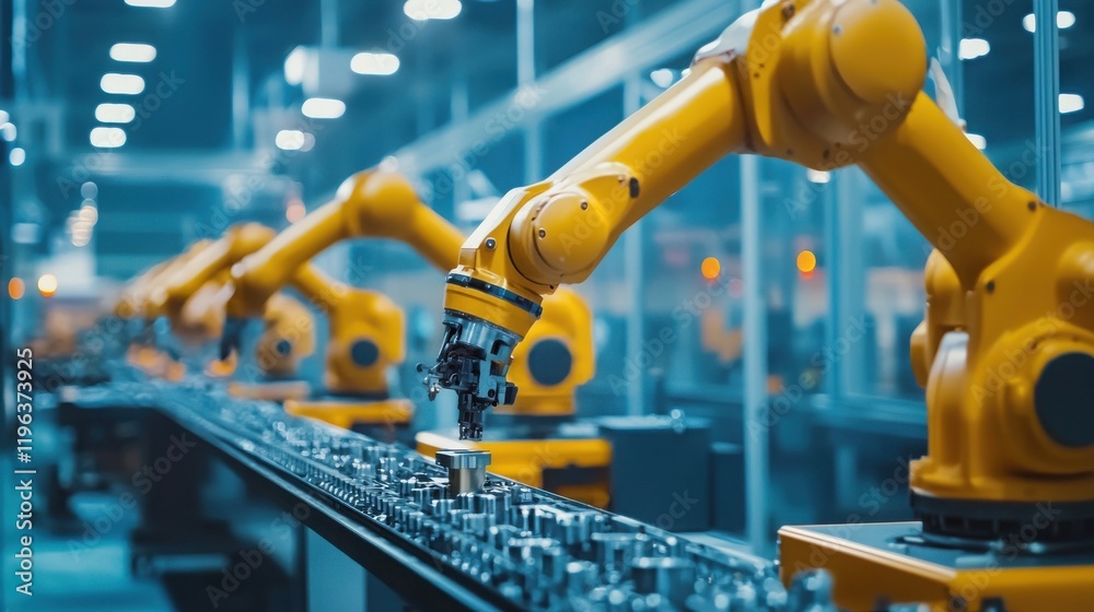 Robotic arms assembling parts in an automated manufacturing plant, demonstrating modern technology in production. 