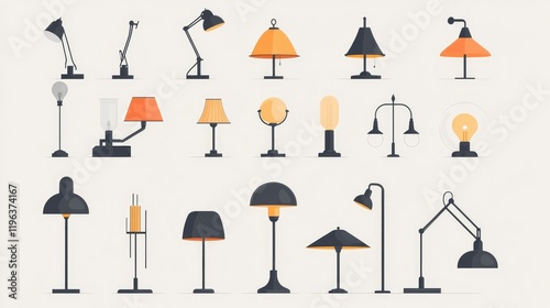 A stylish flat icon collection of lighting designs, including retro and modern lamps, on a clean white surface.