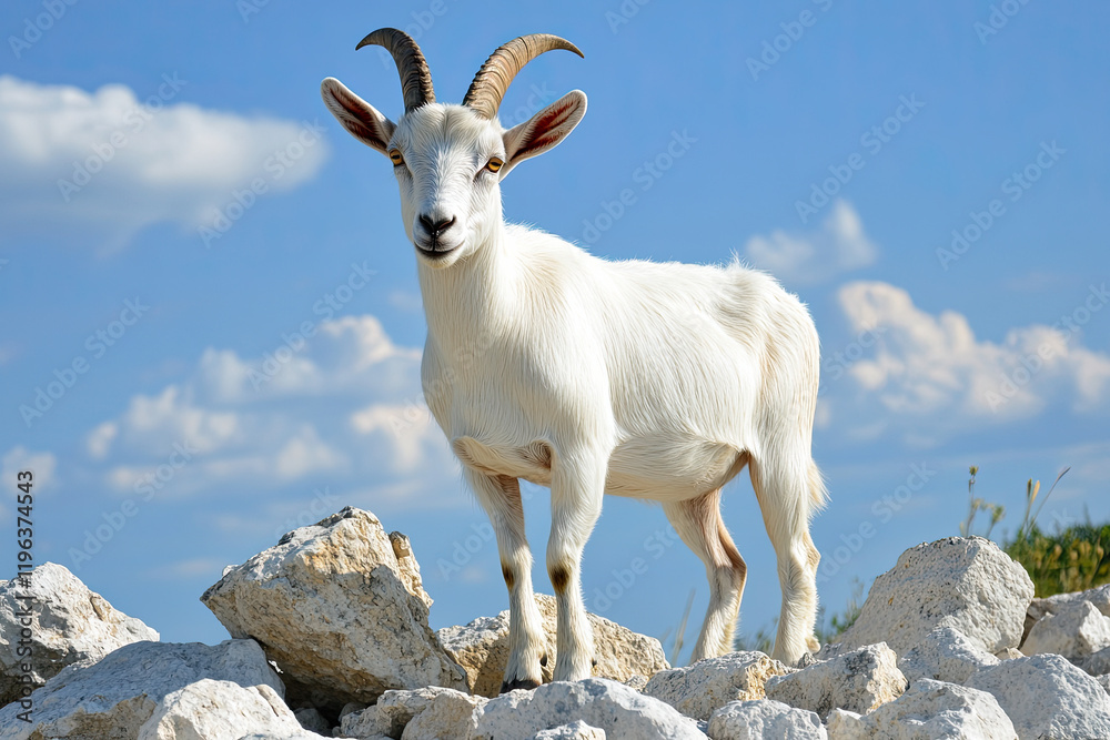 Obraz premium Goat with large horns standing on a pile of rocks
