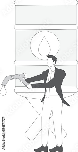 Global crude oil shortage, the amount of crude oil reserves is getting smaller, world oil crisis concept, sad businessman leaning on a dead crude oil tap from an empty barrel