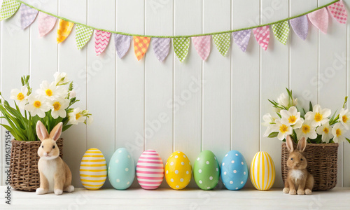 happy easter day colorful flag street easter egg spring time rabbit bunny traditional culture april month 2025 year empty pattern white color happy easter day greeting banner card greeting celebration