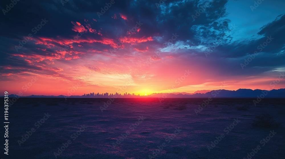 A tranquil desert scene under a dramatic sunset sky, with the faint silhouette of a bustling city skyline far away A tranquil desert scene under a dramatic sunset sky, with the faint silhouette of a bustling city skyline far away