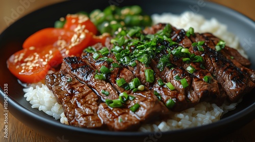 Grilled beef with green onions, sides of rice and vegetables photo