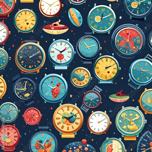 This seamless pattern features an array of vintage retro wristwatches with unique designs and vibrant colors. Set against a bright blue background, the watches create a lively and nostalgic aesthetic. photo