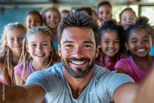 Happy PE teacher and school kids taking selfie during exercise class. Generative AI
