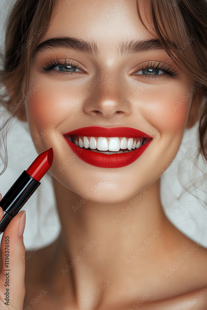 Smiling woman applying red lipstick, closeup, bright and cheerful Smiling woman applying red lipstick, closeup, bright and cheerful