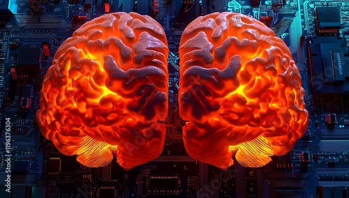 A stylized depiction of a brain illuminated with orange hues, set against a tech background.