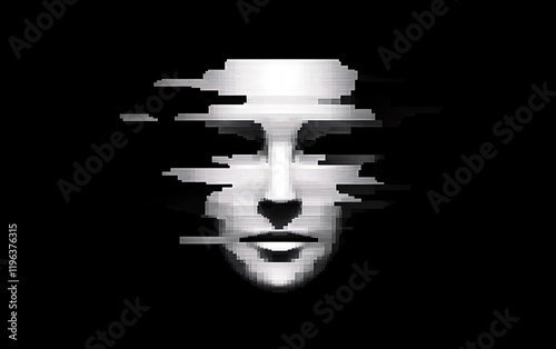 A stylized, glitch-effect face emerging from a black background, conveying a sense of distortion.
