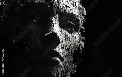 A fragmented face emerging from darkness, symbolizing digital transformation and identity.