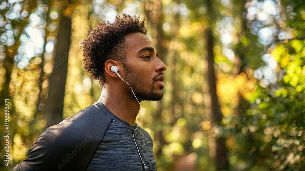 A man jogging through a forest trail, wearing earbuds and listening to music as he runs. A man jogging through a forest trail, wearing earbuds and listening to music as he runs.