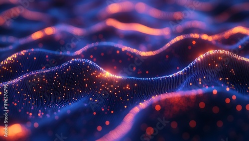 A vibrant, abstract representation of flowing waves with glowing particles.