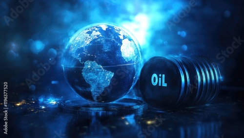 A digital artwork displays a glowing globe with city lights and an oil barrel nearby, symbolizing the interconnection of global economies and the oil industry photo