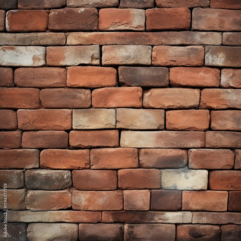 Fototapeta premium Rustic red and brown brick wall with rough surfaces and weathered details. Architectural background for construction and design projects