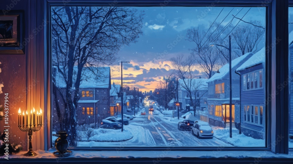 Fototapeta premium Cozy Hanukkah evening scene with a menorah glowing on a windowsill overlooking snowy streets